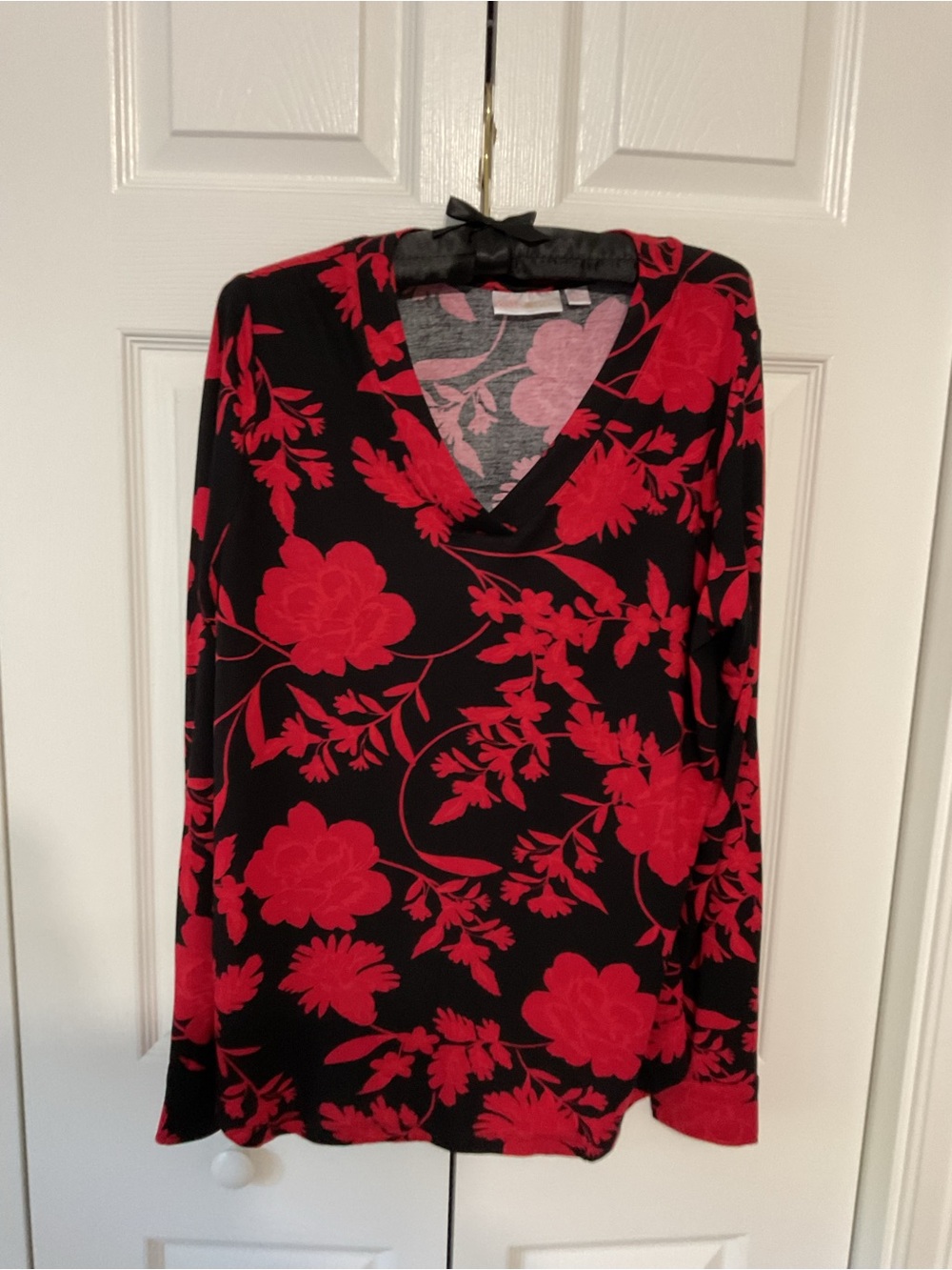Kim Gravel Black V-neck Top with Red Floral Print